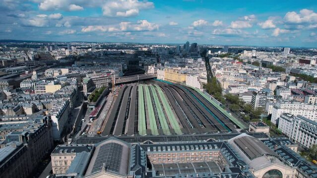 Aerial view of Paris Gare du Nord railway station, France, forward, day