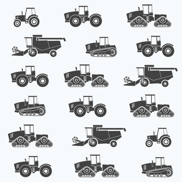 Agriculture and agricultural machinery vehicles flat icons collection set. Harvester, tractor, Seamless pattern. Farm. Vehicle for field farming work and land  processing. Isolated vector illustration
