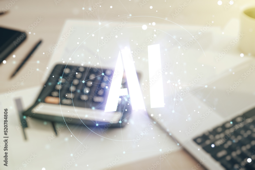 Poster abstract virtual artificial intelligence symbol hologram on calculator and laptop background. multie