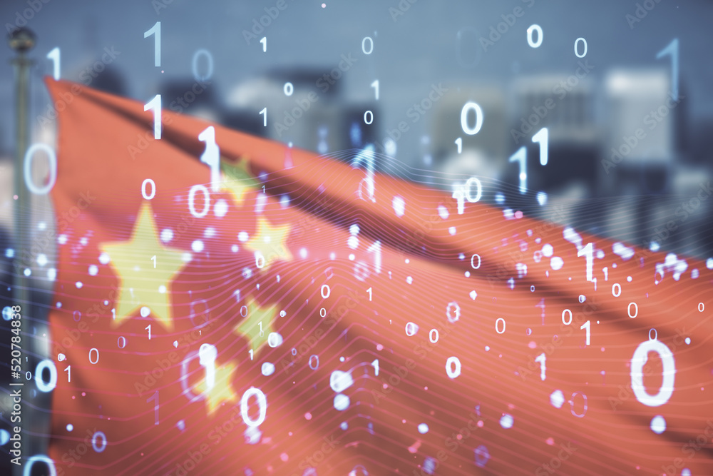 Poster abstract virtual binary code illustration on flag of china and blurry skyscrapers background. big da
