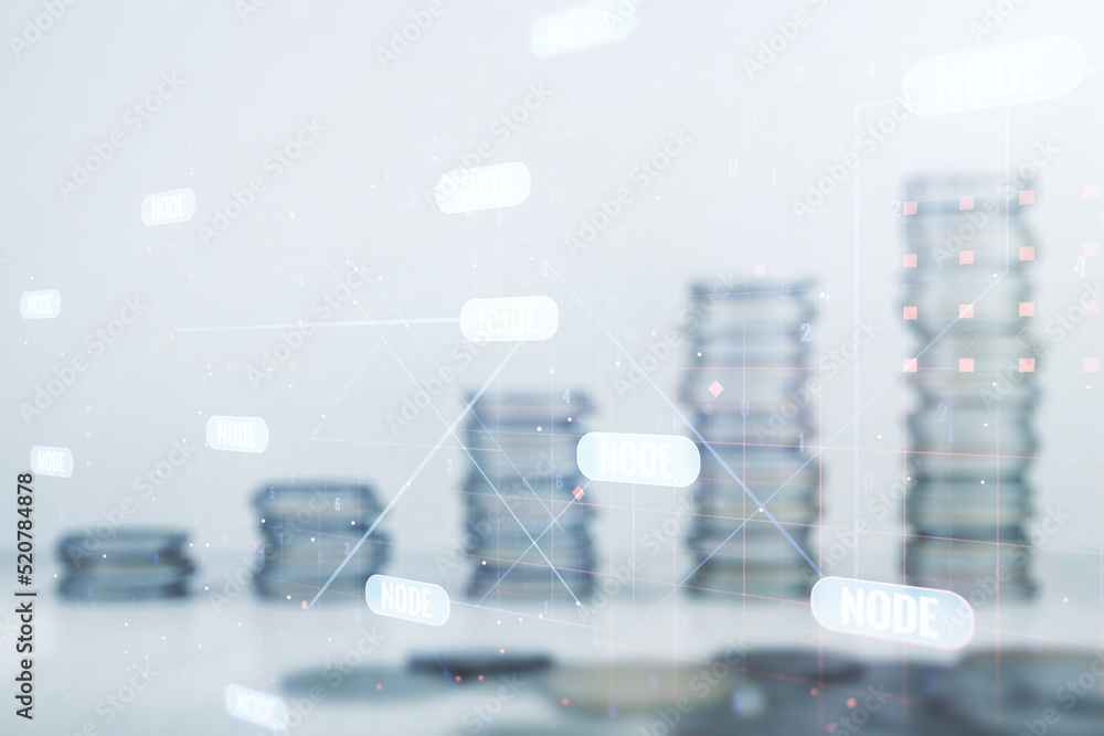 Poster double exposure of abstract programming language interface on growing stacks of coins background, re