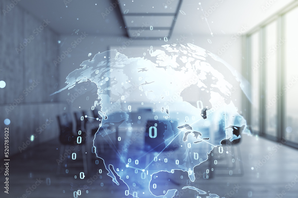 Poster multi exposure of abstract software development hologram and world map on a modern meeting room back
