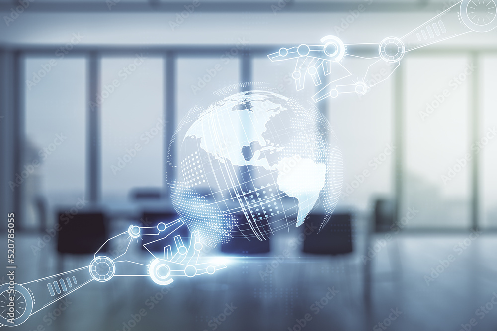 Aufkleber double exposure of abstract virtual robotics technology with world map hologram on a modern meeting 