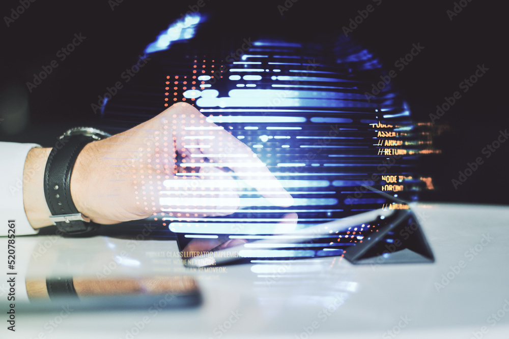Poster abstract creative coding concept with world map and finger clicks on a digital tablet on background.