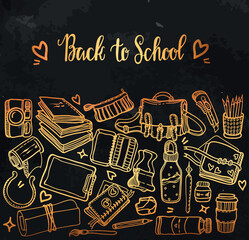 Vector fashion illustration. Back to school, various school supplies, artistic tools, set, handmade, stickers, chalkboard background
