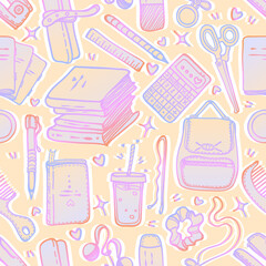 Vector fashion illustration. Back to school, set, various school supplies, handmade, print on t-shirt, stickers, light yellow  background, seamless pattern