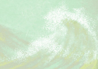 大きな波頭としぶき・和紙テクスチャの海の背景イラスト白緑色