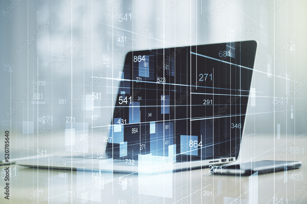 Poster multi exposure of abstract statistics data hologram interface on computer background, computing and 