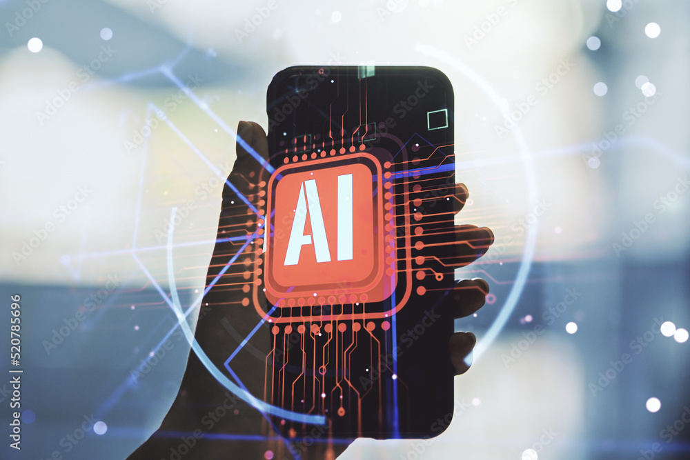 Poster double exposure of creative artificial intelligence abbreviation and hand with cellphone on backgrou