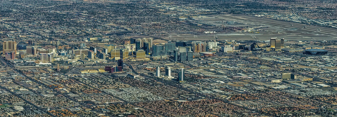 Aerial view of Las Vegas towers and interstate 15 in Southern Nevada.