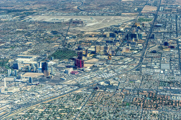 Aerial view of Las Vegas towers and interstate 15 in Southern Nevada.