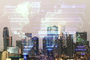 Multi exposure of abstract graphic world map hologram on Los Angeles office buildings background, connection and communication concept