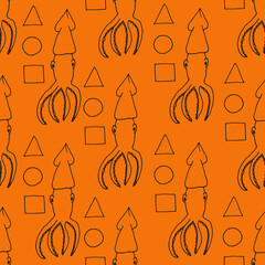Seamless pattern with squid and geometric shapes. The background is a kalmar game. A set of triangle, square, circle and squid. © Olga Igumenova