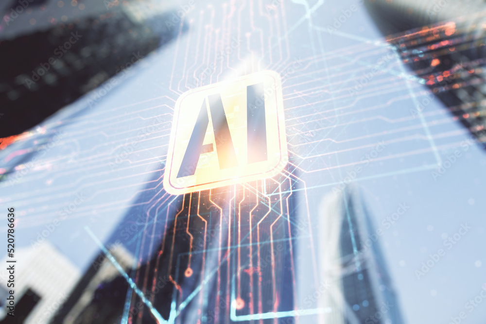 Poster double exposure of creative artificial intelligence icon on modern skyscrapers background. neural ne