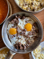 Turkish Style Fried Sunny Side Up Eggs with Meat Kavurma.