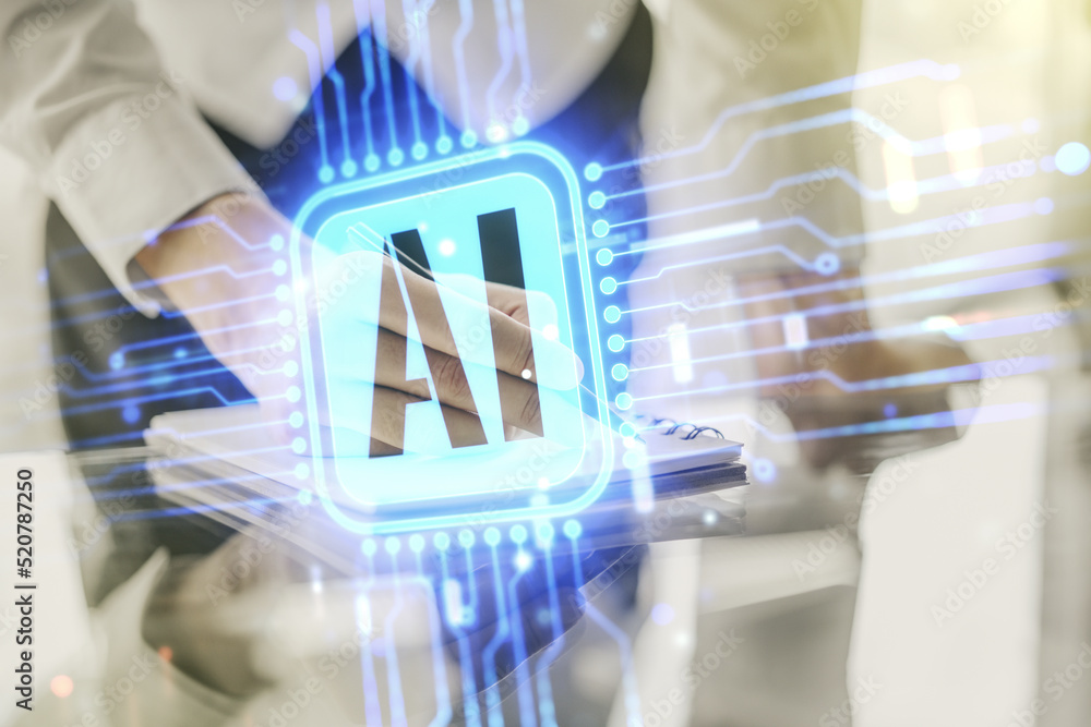 Poster double exposure of creative artificial intelligence icon with man hand writing in notebook on backgr