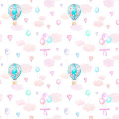 Naklejka premium Watercolor seamless pattern of balloons in clouds on a white background. Children's illustration.