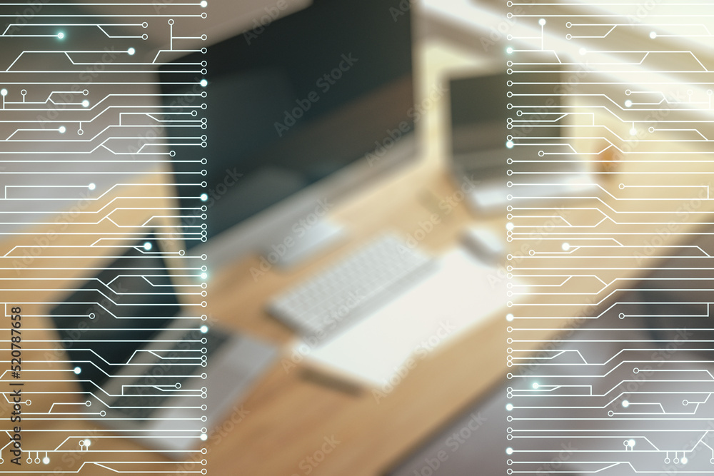 Aufkleber Double exposure of circuit hologram and modern desktop with laptop on background. Research and development hardware concept
