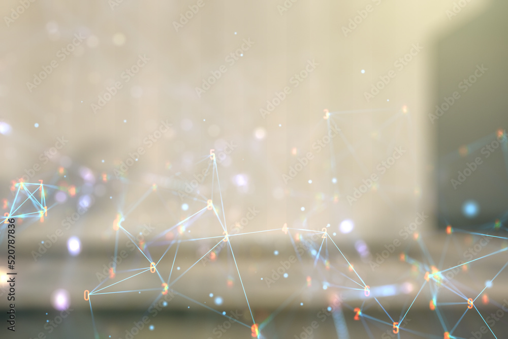 Poster double exposure of abstract virtual technology hologram on modern business center exterior backgroun