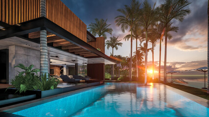 3d rendering of modern cozy house with parking and pool for sale or rent with wood plank facade by the sea or ocean. Sunset evening by the azure coast with palm trees and flowers in tropical island