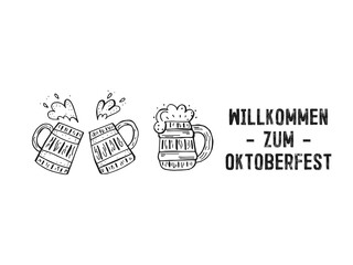 Oktoberfest 2022 - Beer Festival. Hand-drawn set of Doodle Elements. German Traditional holiday. Outline of wooden beer mugs with lettering on a white background.