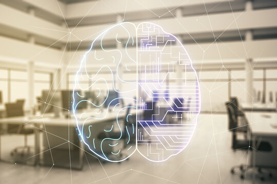 Double exposure of creative artificial Intelligence interface on modern corporate office background. Neural networks and machine learning concept