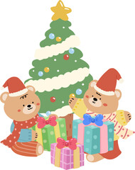 Obraz na płótnie Canvas character cartoon bear with christmas tree and gifts, xmas festive holiday, vector illustration design