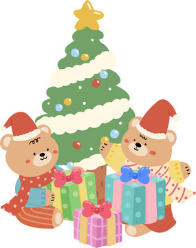 character cartoon bear with christmas tree and gifts, xmas festive holiday, vector illustration design
