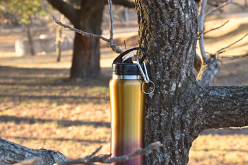 a trekking thermos bottle on a tree
