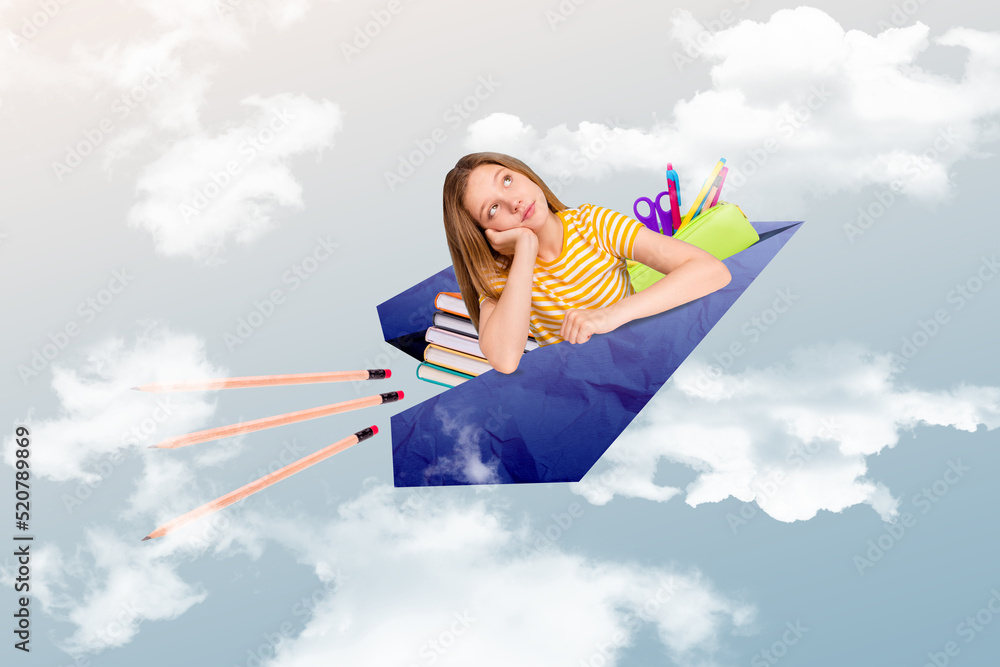 Poster creative abstract template graphics image of think thoughtful small child kid dreaming flying clouds