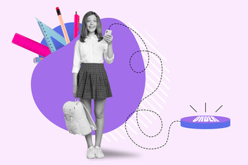 Composite collage of small smiling girl black white gamma hold telephone make online order supplies equipment isolated on creative background
