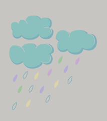 Vector illustration of three clouds and rain. Isolated on light grey background.