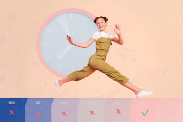 Composite collage picture of excited positive girl running weekend week days names big wall watch...