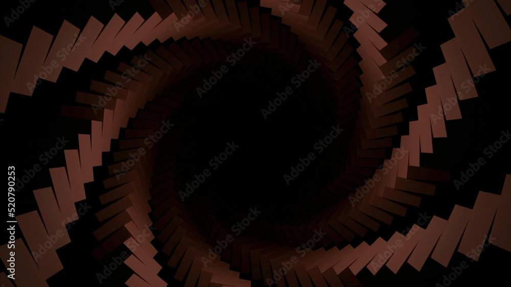 Poster abstract spiral shaped pattern with spinning bricks on a black background. design. slowly rotating c