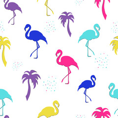 Tropical seamless pattern with flamingo and palm trees. Silhouettes. Packaging design, textiles, bedding, prints, wallpapers.