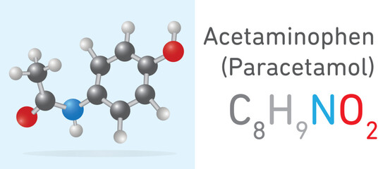 Acetaminophen (Paracetamol) C8H9NO2 molecule. Stick model. Structural Chemical Formula and Molecule Model. Chemistry Education