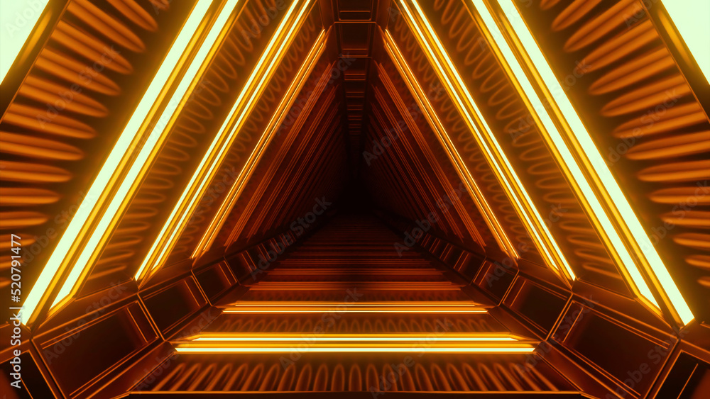 Poster orange triangular tunnel.design. a bright abstraction in which a bright corridor with illuminated ob