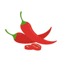 Red chili peppers and slices isolated on white background. Chile or chilli pepper icon for seasoning and spice package. Vector vegetables illustration in flat style.