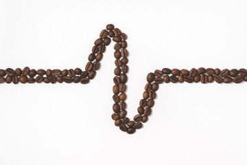 Composition of many coffee beans in flat lay. Health care style concept simulating cardiogram and...