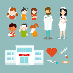 Fototapeta premium Print. Medical illustration. Doctors, a nurse. Pediatrics. Children get sick. Doctor at the doctor’s appointment. Hospital 