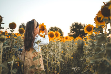 Cute child with sunflower in summer field - obrazy, fototapety, plakaty