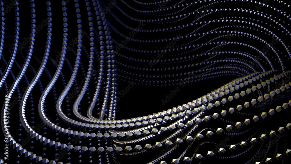 Poster Abstract curving and spinning abstraction with rows of tiny particles on a black background. Design. Rotating shape of small points.