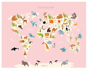Print. Vector map of the world with cartoon animals for kids. Eurasia, South America, North America, Australia and Africa. 