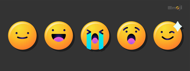 Fototapeta premium Round emoticons set. Yellow Emoji faces emoticon smile, digital smiley expression emotion feelings, chat cartoon emotes. Vector illustration icons