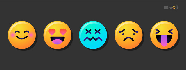 Fototapeta premium Round emoticons set. Yellow Emoji faces emoticon smile, digital smiley expression emotion feelings, chat cartoon emotes. Vector illustration icons