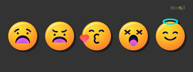 Round emoticons set. Yellow Emoji faces emoticon smile, digital smiley expression emotion feelings, chat cartoon emotes. Vector illustration icons