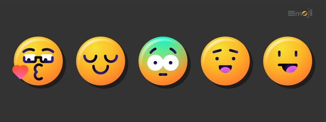 Round emoticons set. Yellow Emoji faces emoticon smile, digital smiley expression emotion feelings, chat cartoon emotes. Vector illustration icons