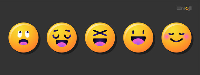 Round emoticons set. Yellow Emoji faces emoticon smile, digital smiley expression emotion feelings, chat cartoon emotes. Vector illustration icons
