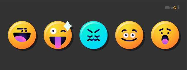 Obraz premium Round emoticons set. Yellow Emoji faces emoticon smile, digital smiley expression emotion feelings, chat cartoon emotes. Vector illustration icons