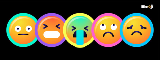 Round emoticons set. Yellow Emoji faces emoticon smile, digital smiley expression emotion feelings, chat cartoon emotes. Vector illustration icons
